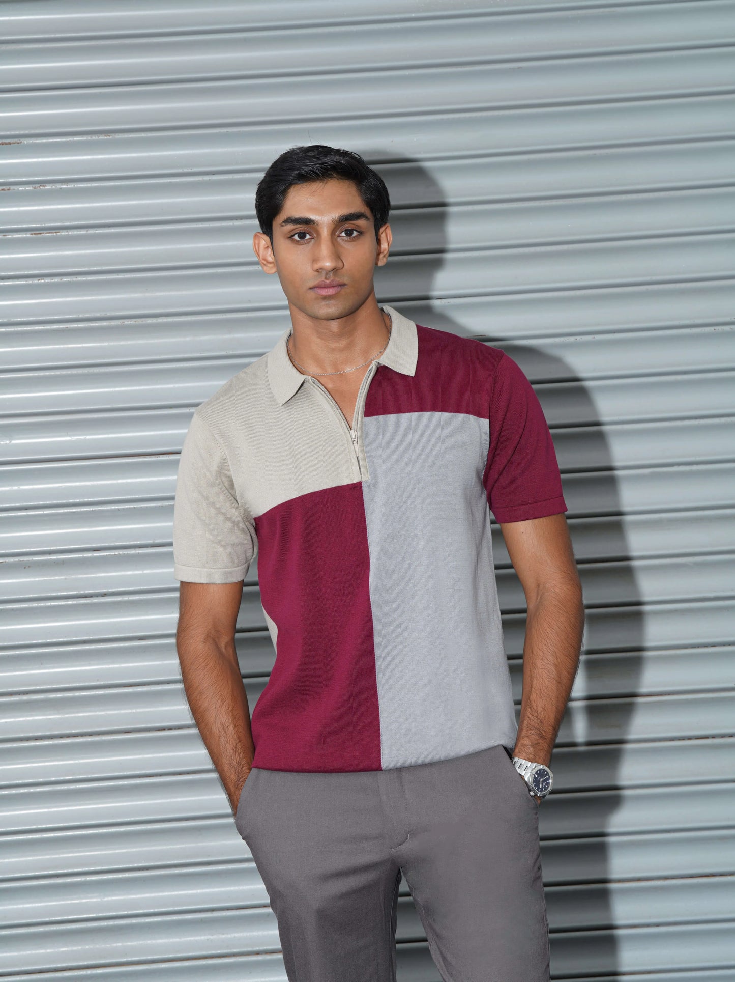 Colourblock Cotton Polo - Burgundy