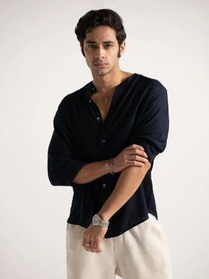 Mandarin Linen  -Navy Regular Fit Shirt