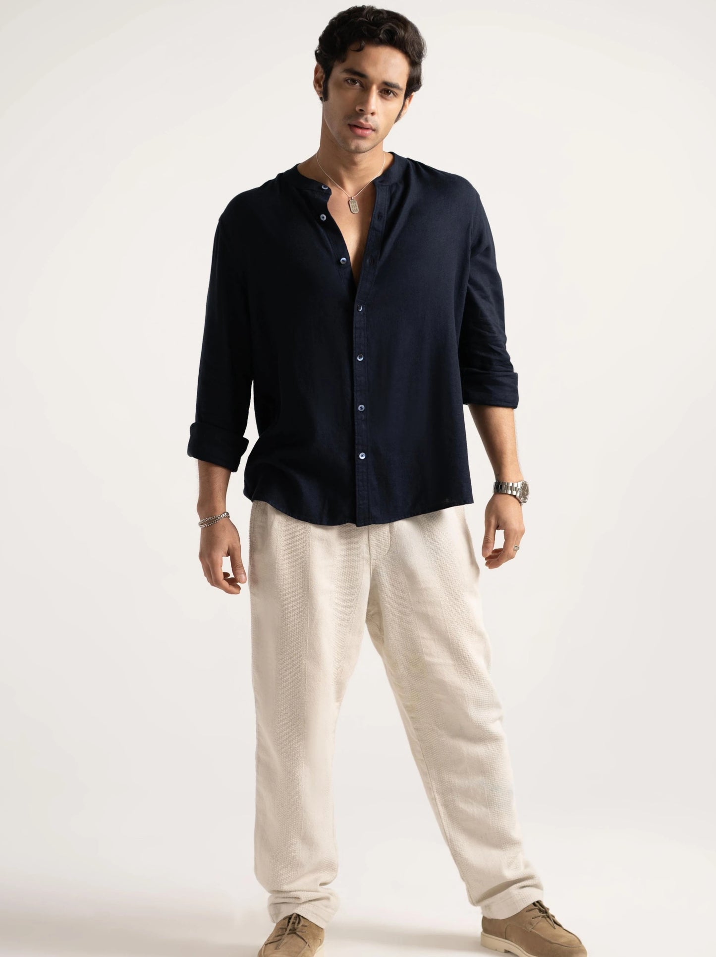 Mandarin Linen  -Navy Regular Fit Shirt