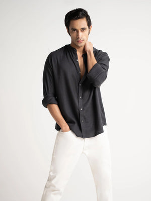 Mandarin Linen  - Charcoal Grey Regular Fit Shirt