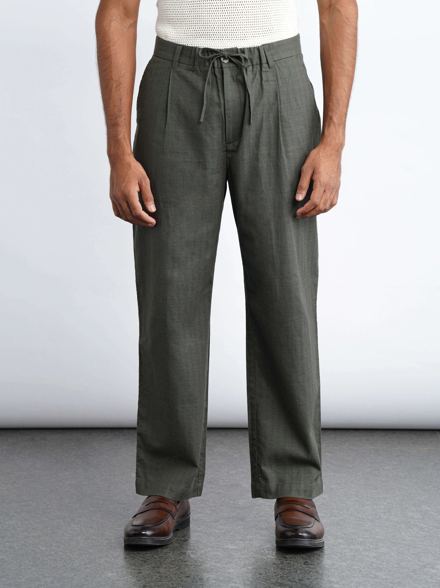 Cotton Drawstring Pants - Stone Olive
