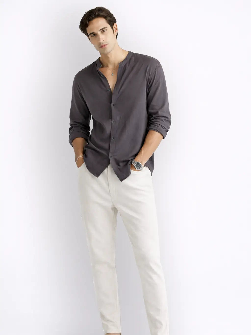 Mandarin AirLinen™ - Stone Grey Regular Fit Shirt
