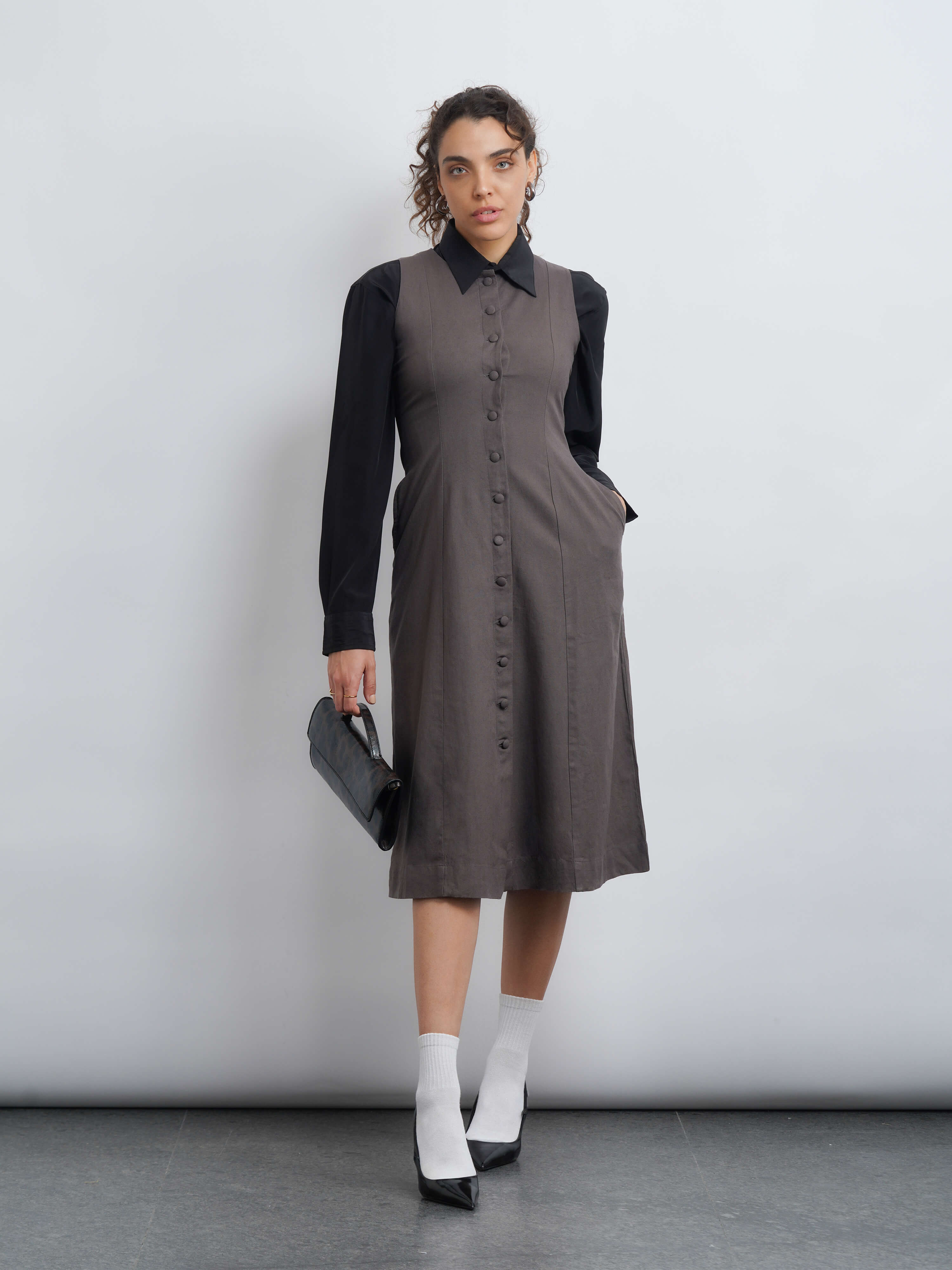 nina linen midi dress - grey