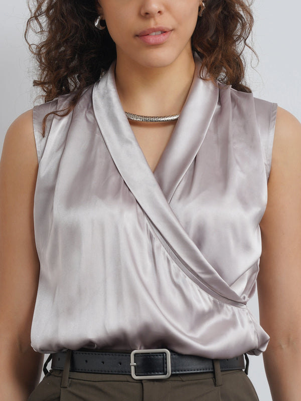 Lapel Satin Top - Silver Champagne