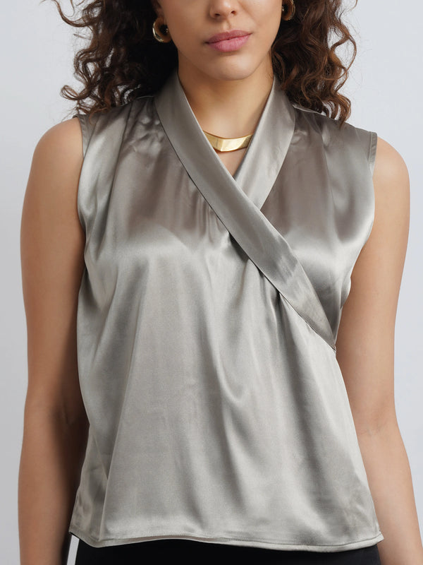 Lapel Satin Top - Olive