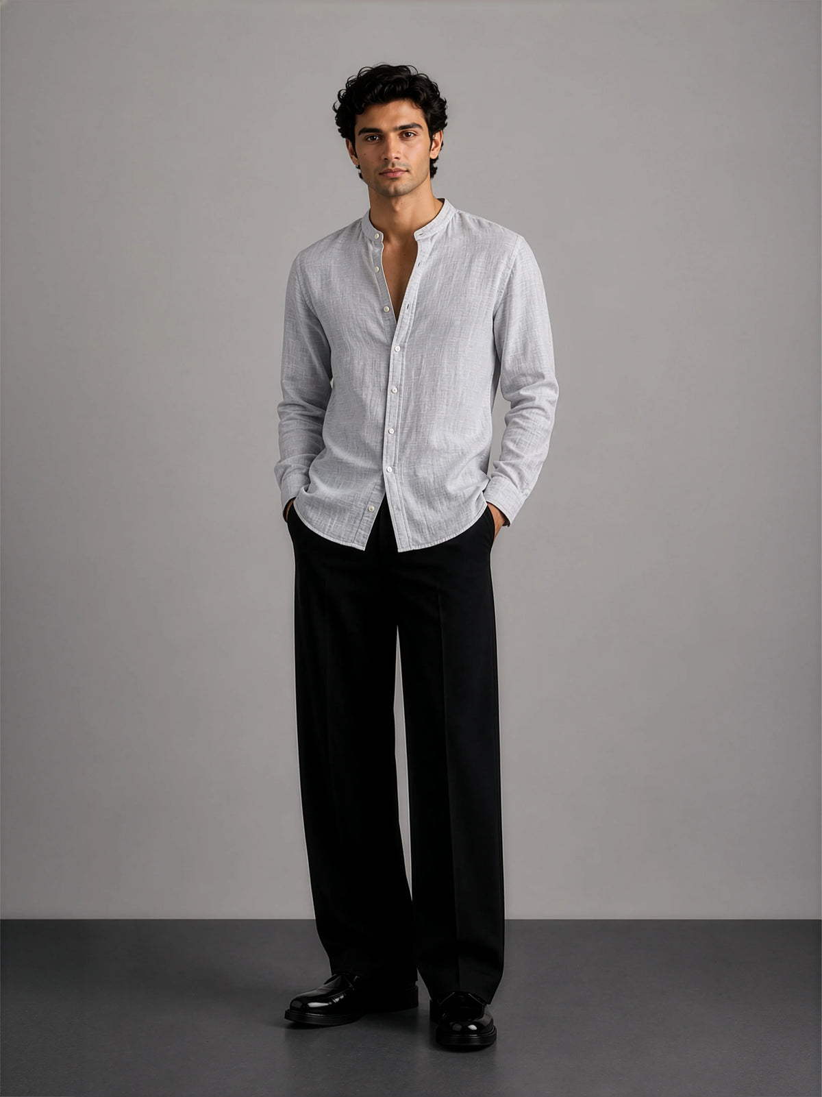 Mandarin Linen  - Textured Grey Regular Fit Shirt
