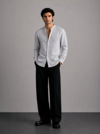 Mandarin Linen  - Textured Grey Regular Fit Shirt