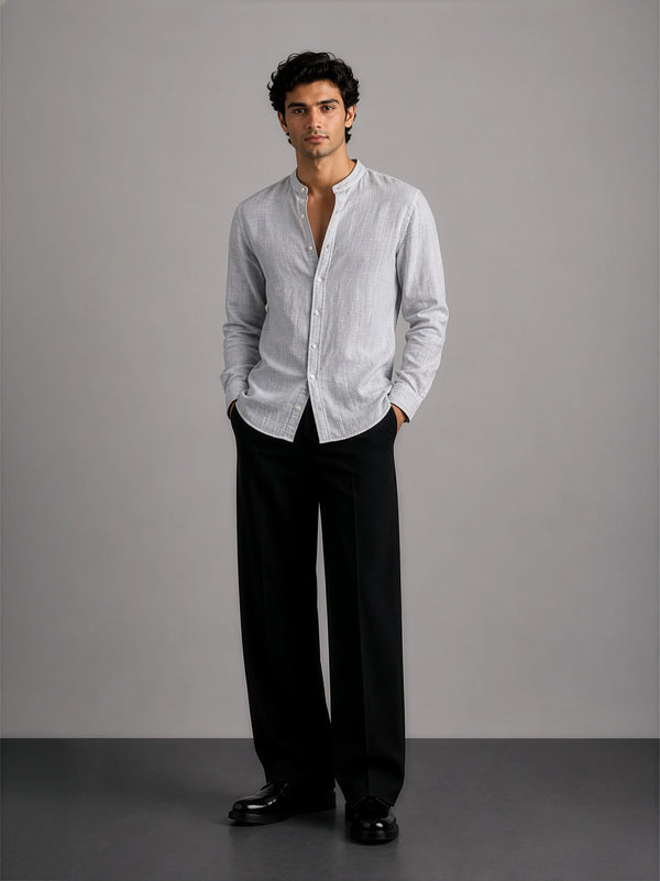 Mandarin Linen  - Textured Grey Regular Fit Shirt