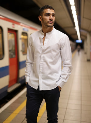 Mandarin Linen  - Textured Grey Regular Fit Shirt