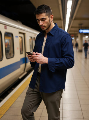 Montclair - Navy Cotton Slim Fit Shirt