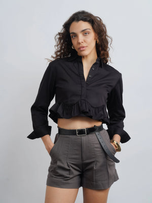 Ruffle Cotton Shirt - Black