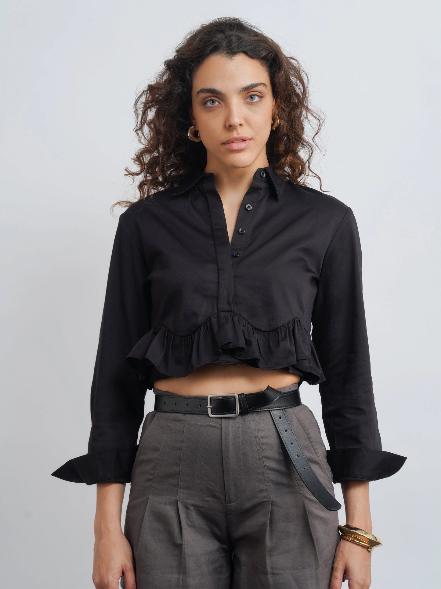 Ruffle Cotton Shirt - Black