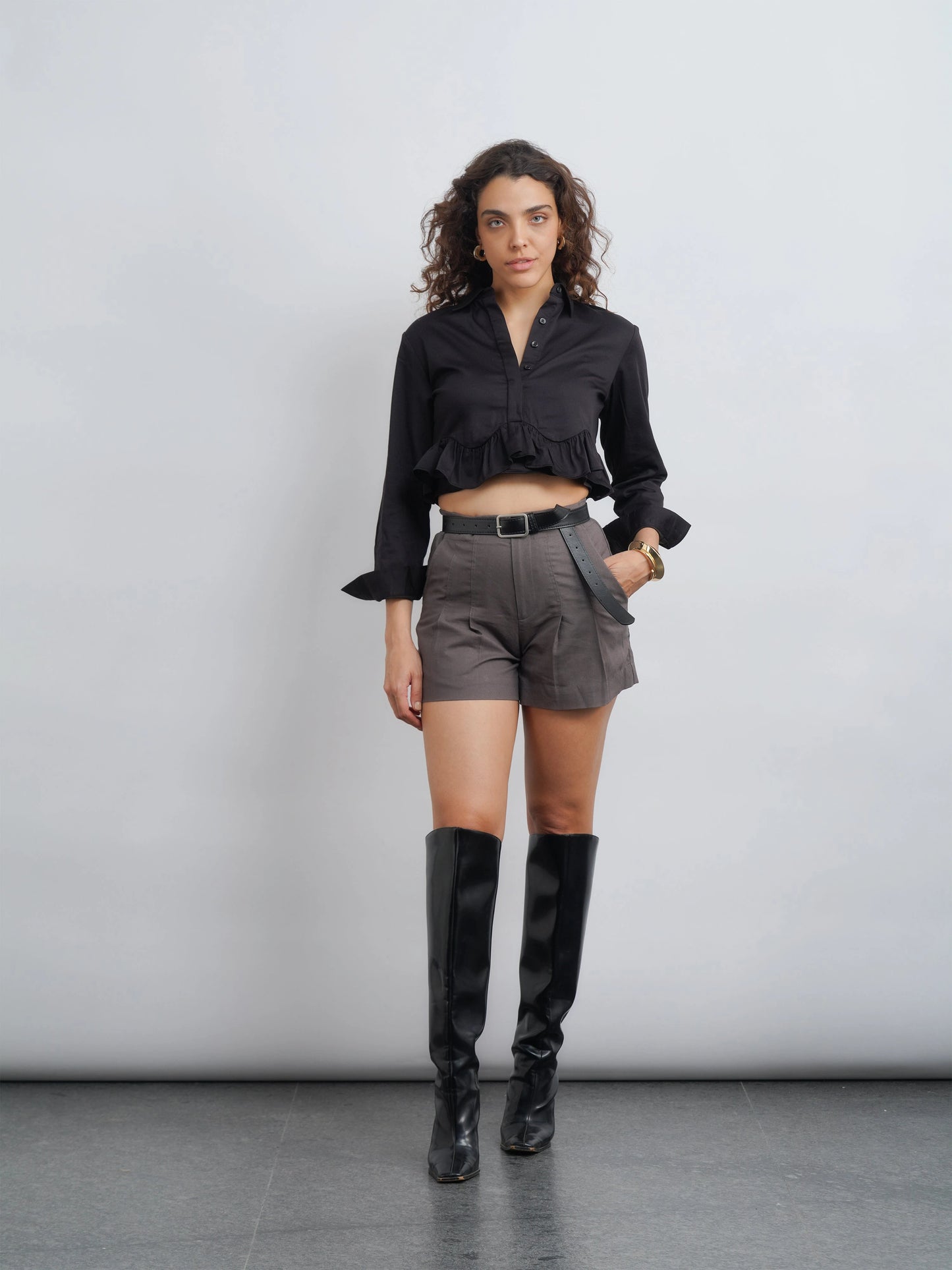Ruffle Cotton Shirt - Black