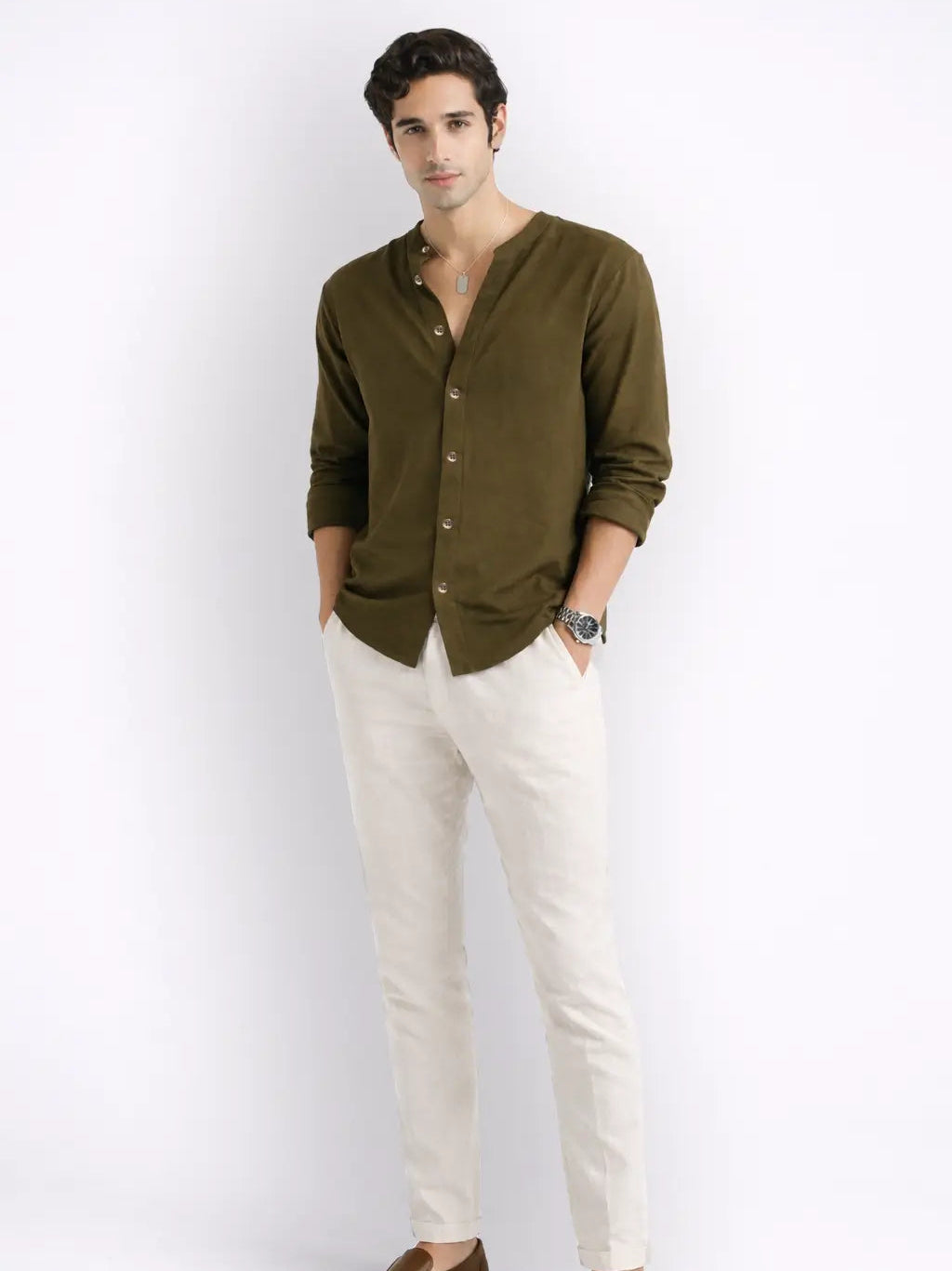 Mandarin AirLinen™ - Olive Regular Fit Shirt