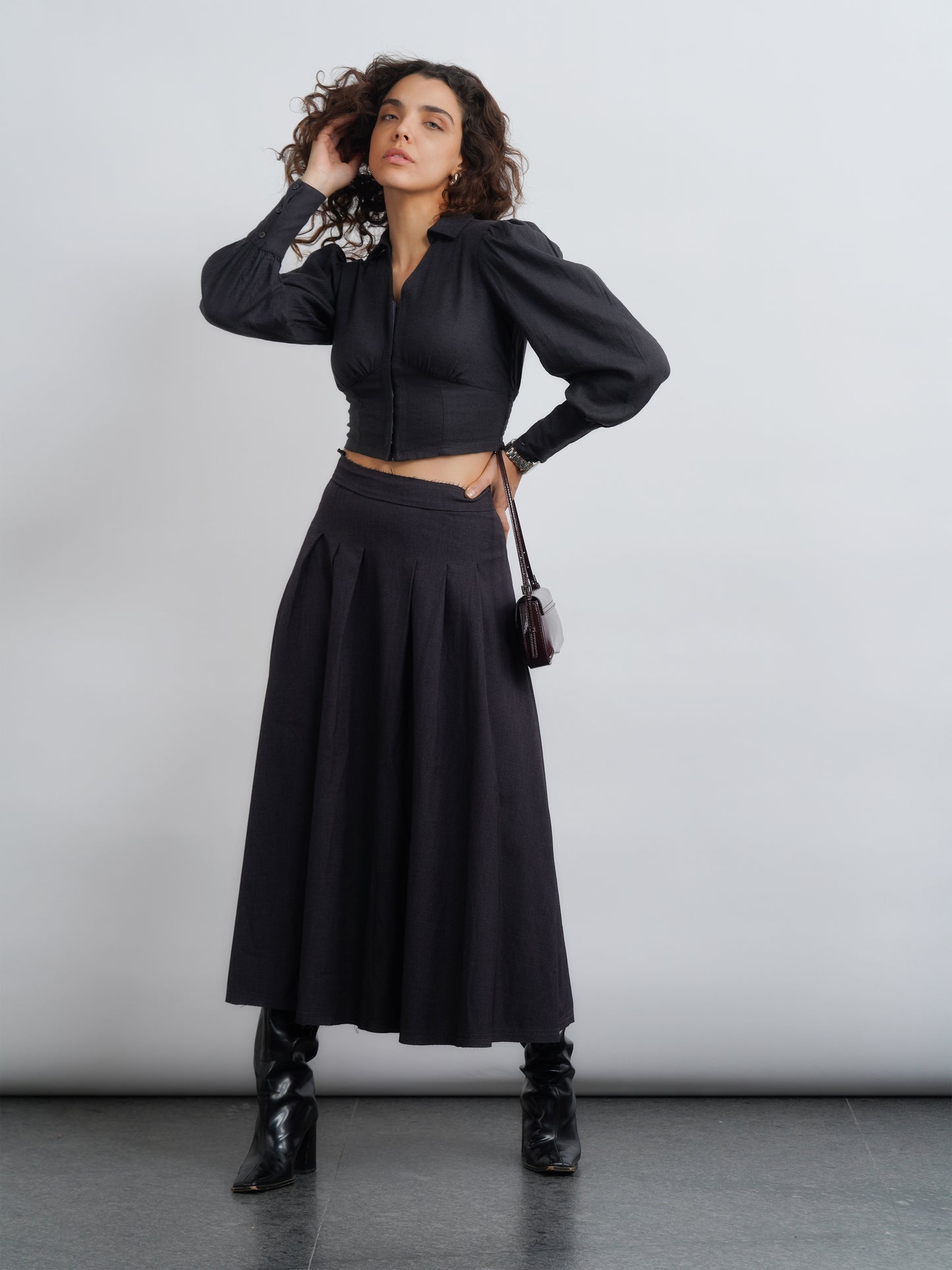 Linen Crop Top with Smocking - Dark Grey