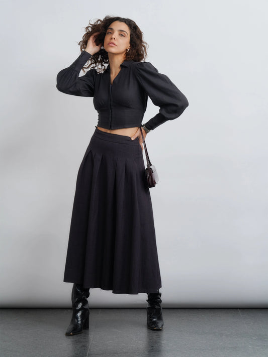 Linen Crop Top with Smocked Waist - Dark Grey