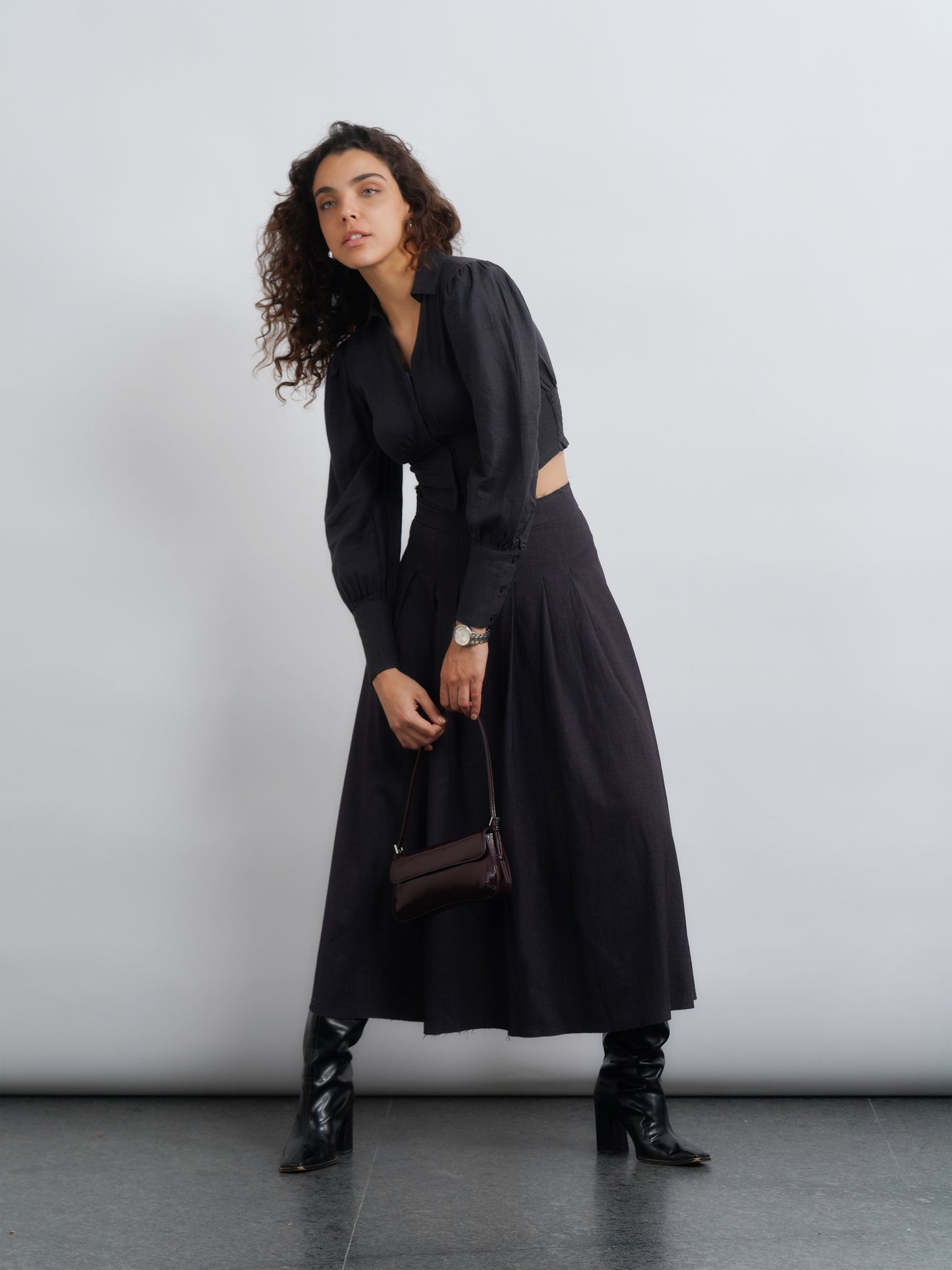 Linen Crop Top with Smocking - Dark Grey