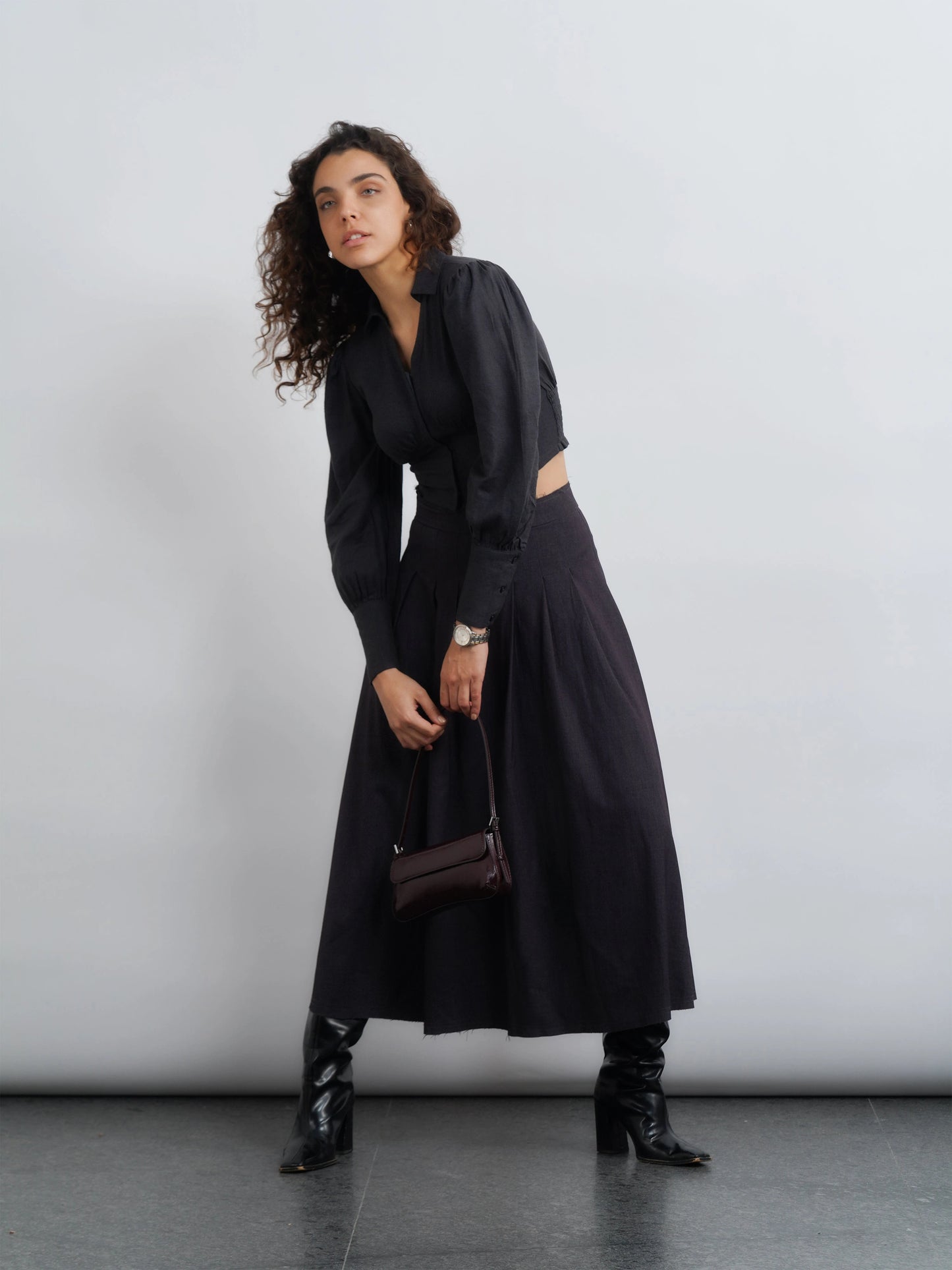 Linen Top with Elastic Waist - Dark Grey