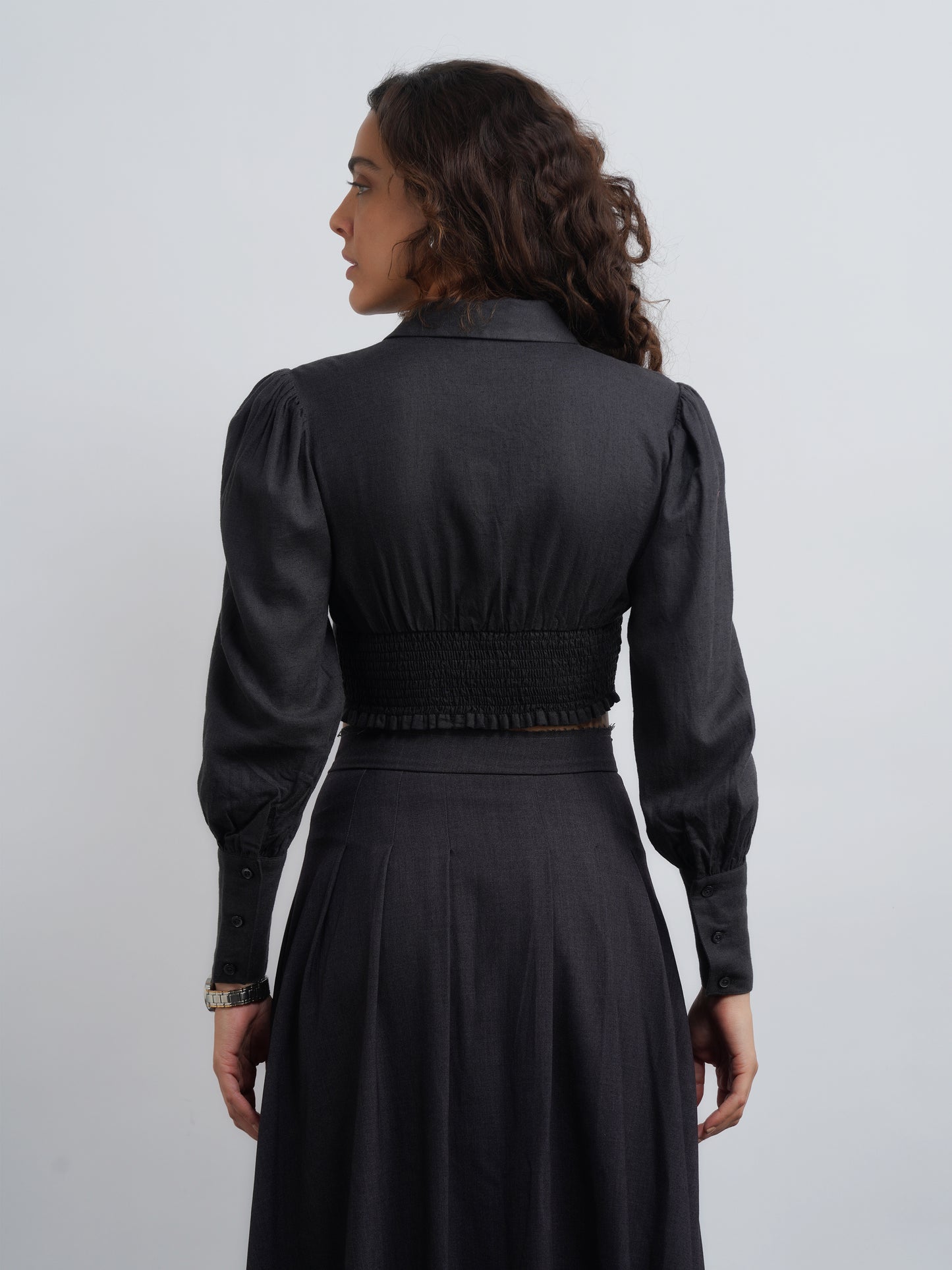 Linen Crop Top with Smocking - Dark Grey