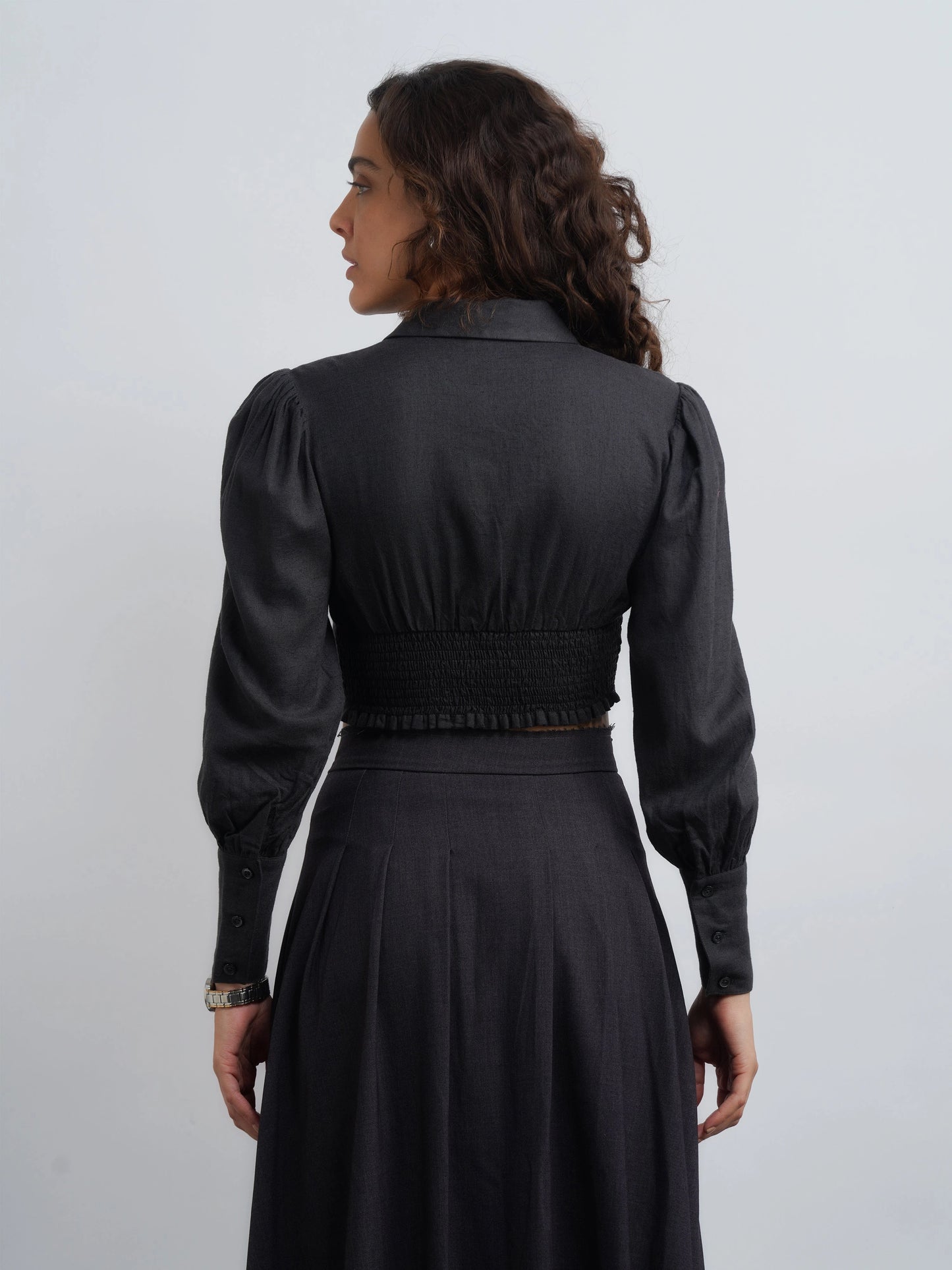 Linen Top with Elastic Waist - Dark Grey