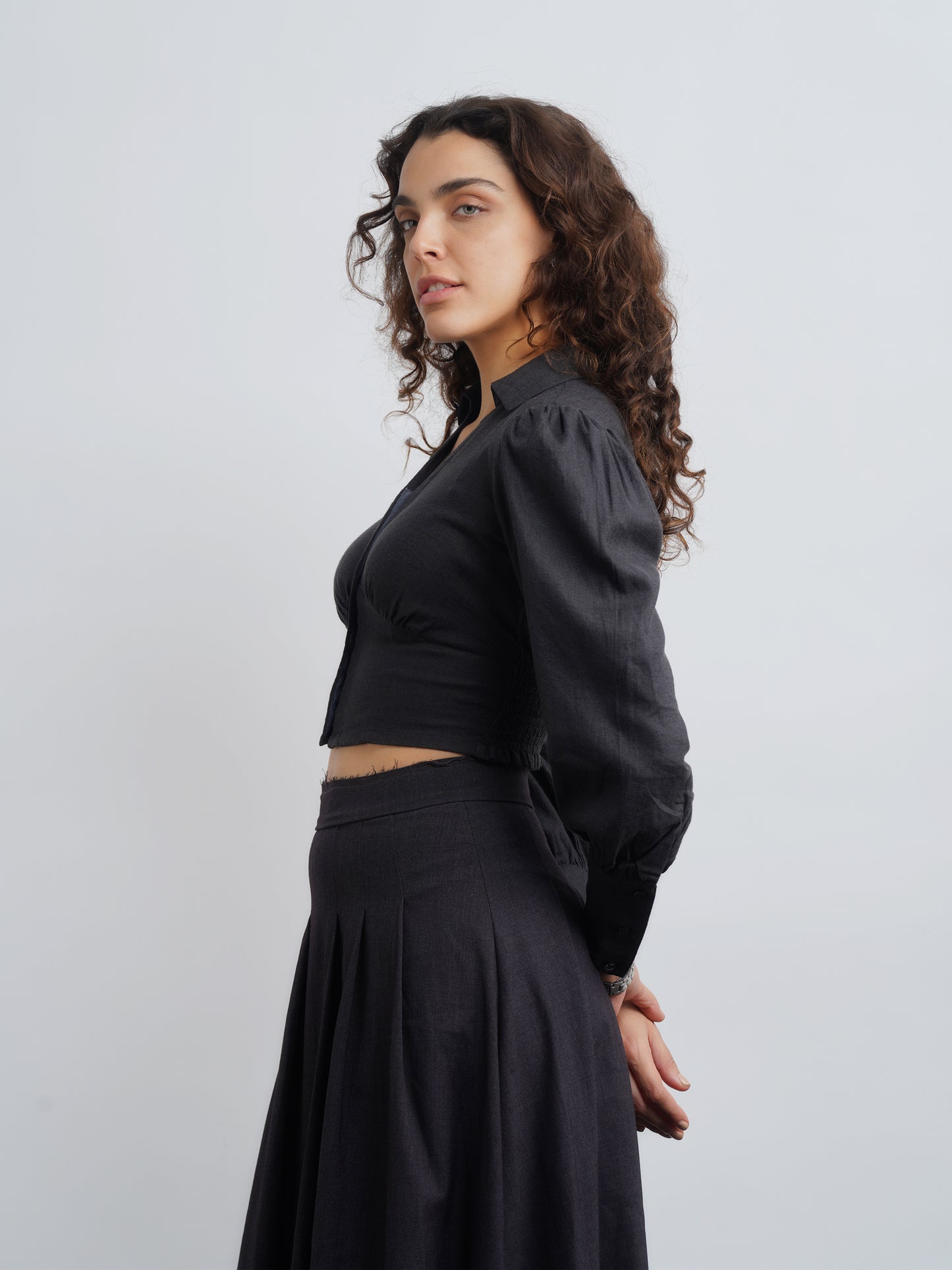 Linen Crop Top with Smocking - Dark Grey