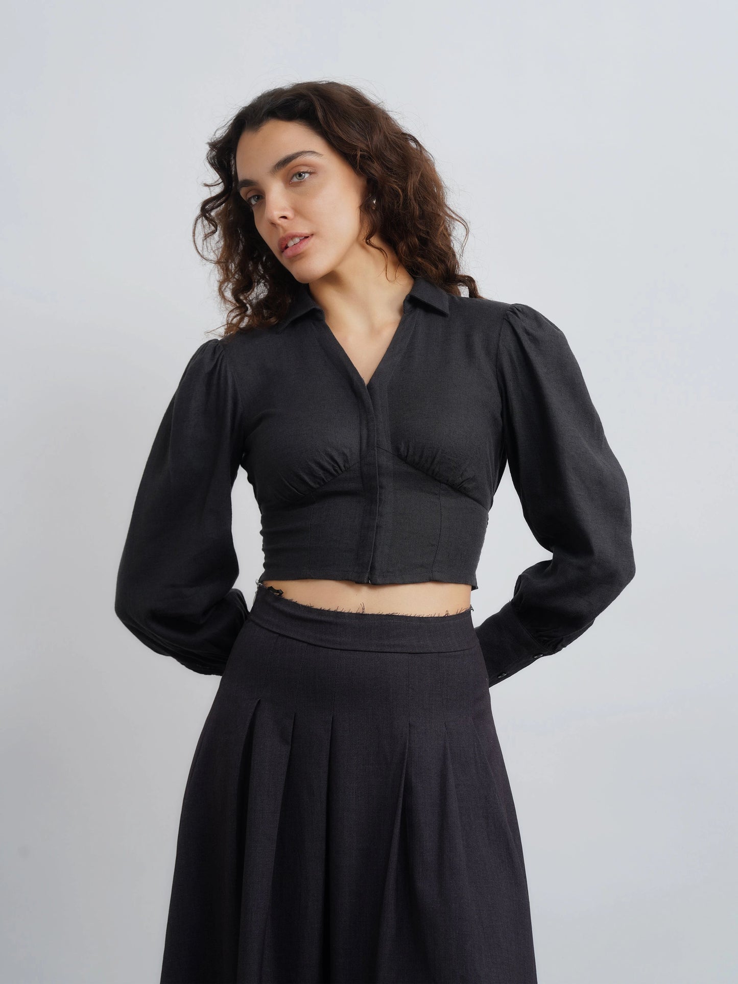 Linen Top with Elastic Waist - Dark Grey