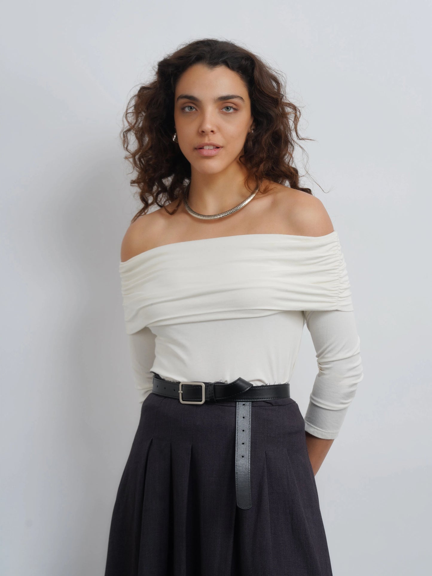 Off-Shoulder Knit Top - White