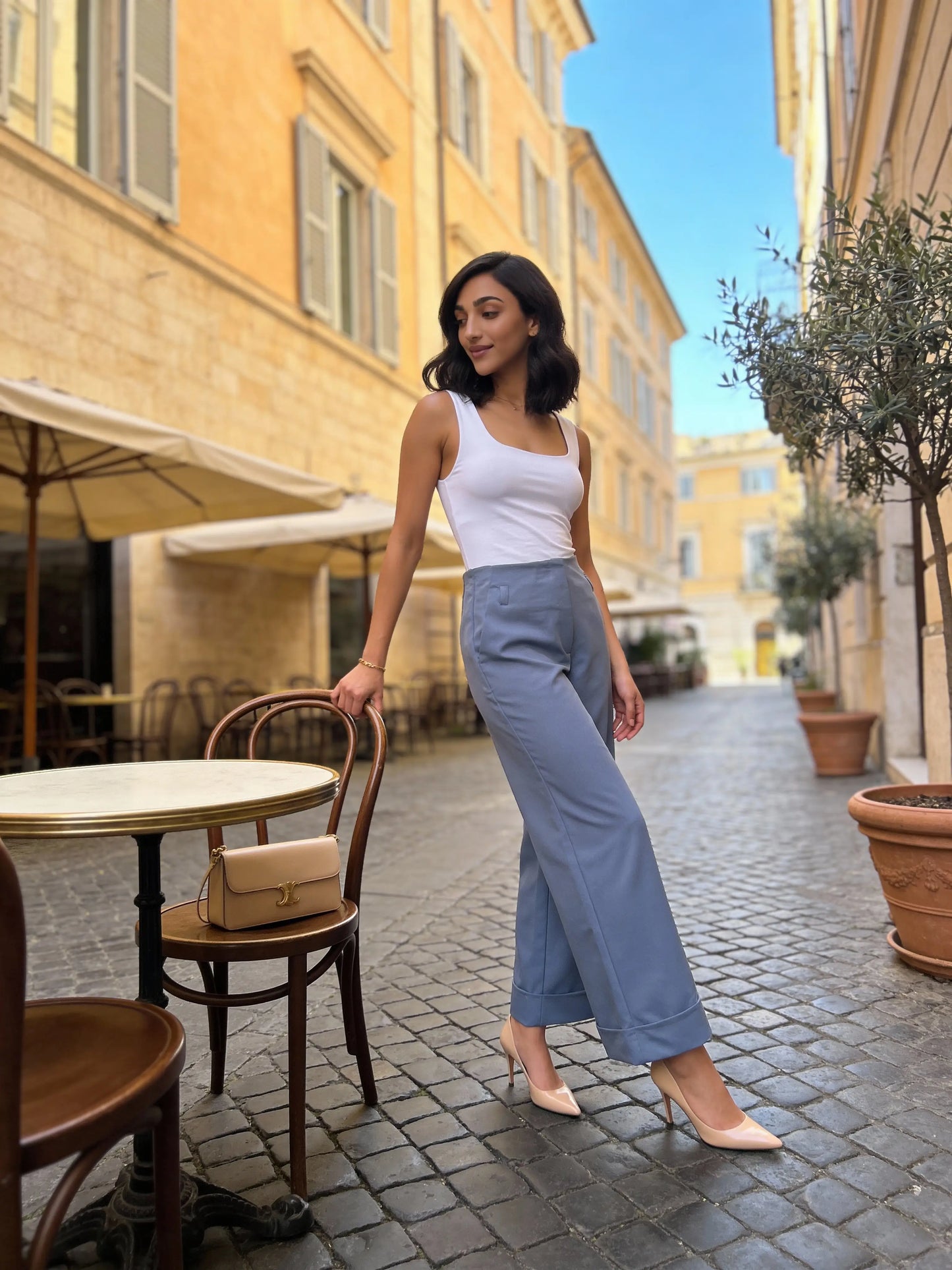 Hem Fold Pant in SoftSuit Fabric - Powder Blue