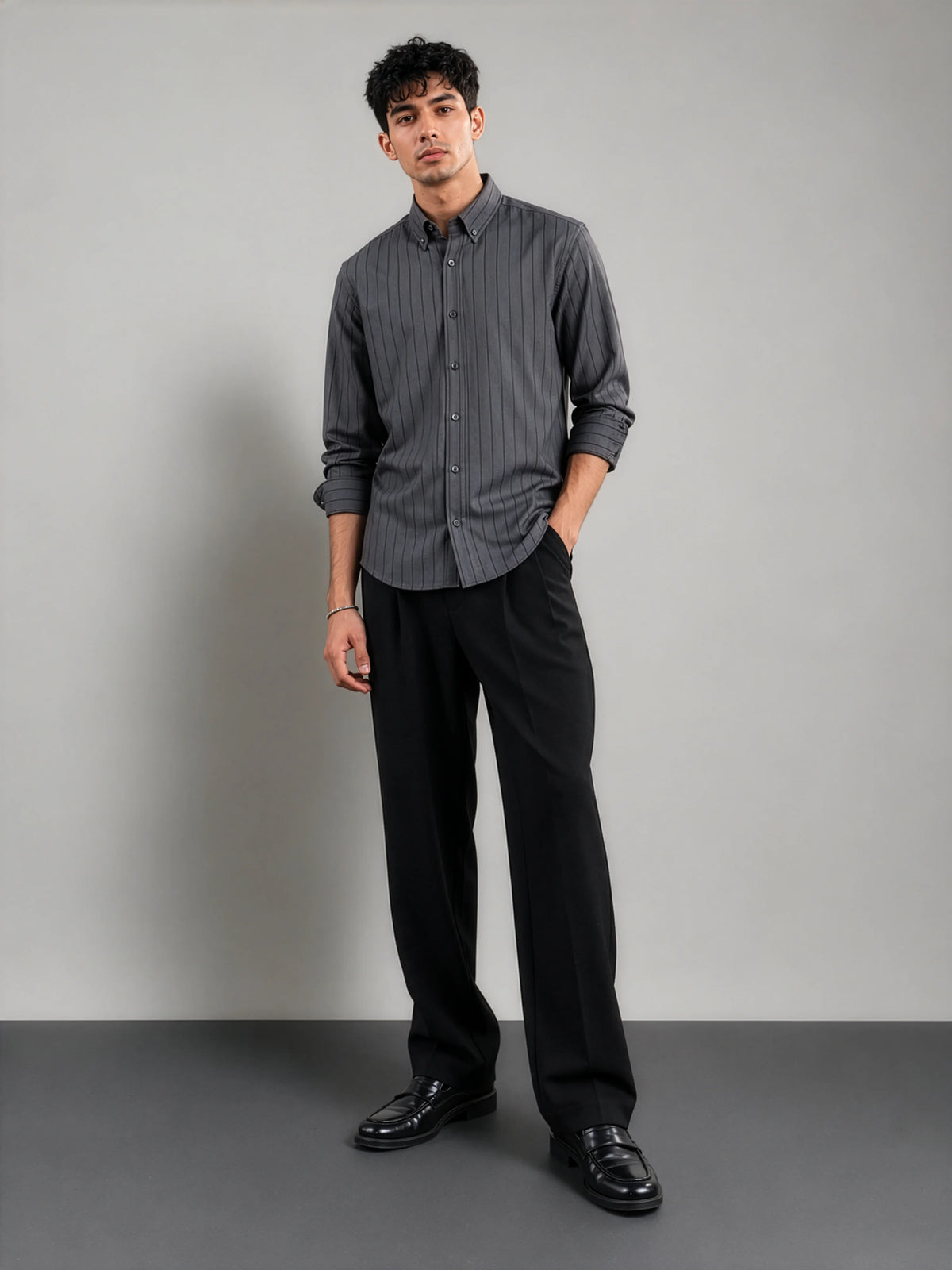 Grey Pinstripe Cotton Oxford Shirt - Slim Fit