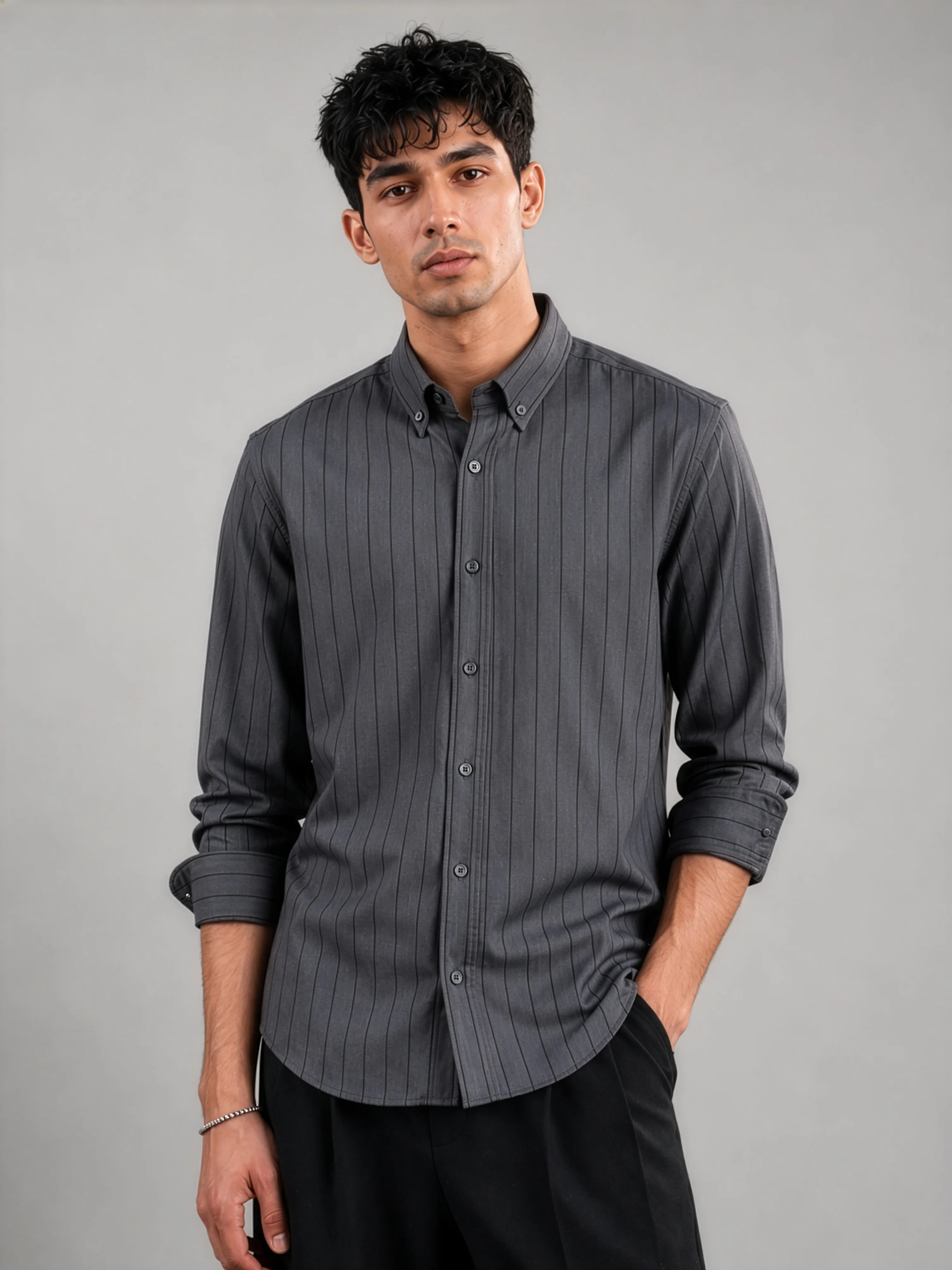 Grey Pinstripe Cotton Oxford Shirt - Slim Fit