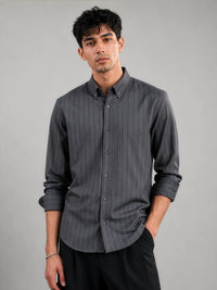 Grey Pinstripe Cotton Oxford Shirt - Slim Fit