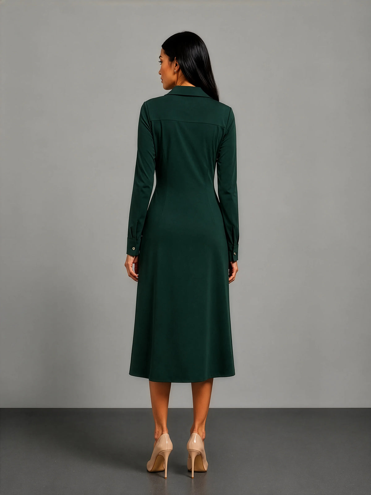 back view - dark green long-sleeve midi dress