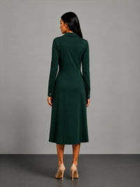 back view - dark green long-sleeve midi dress