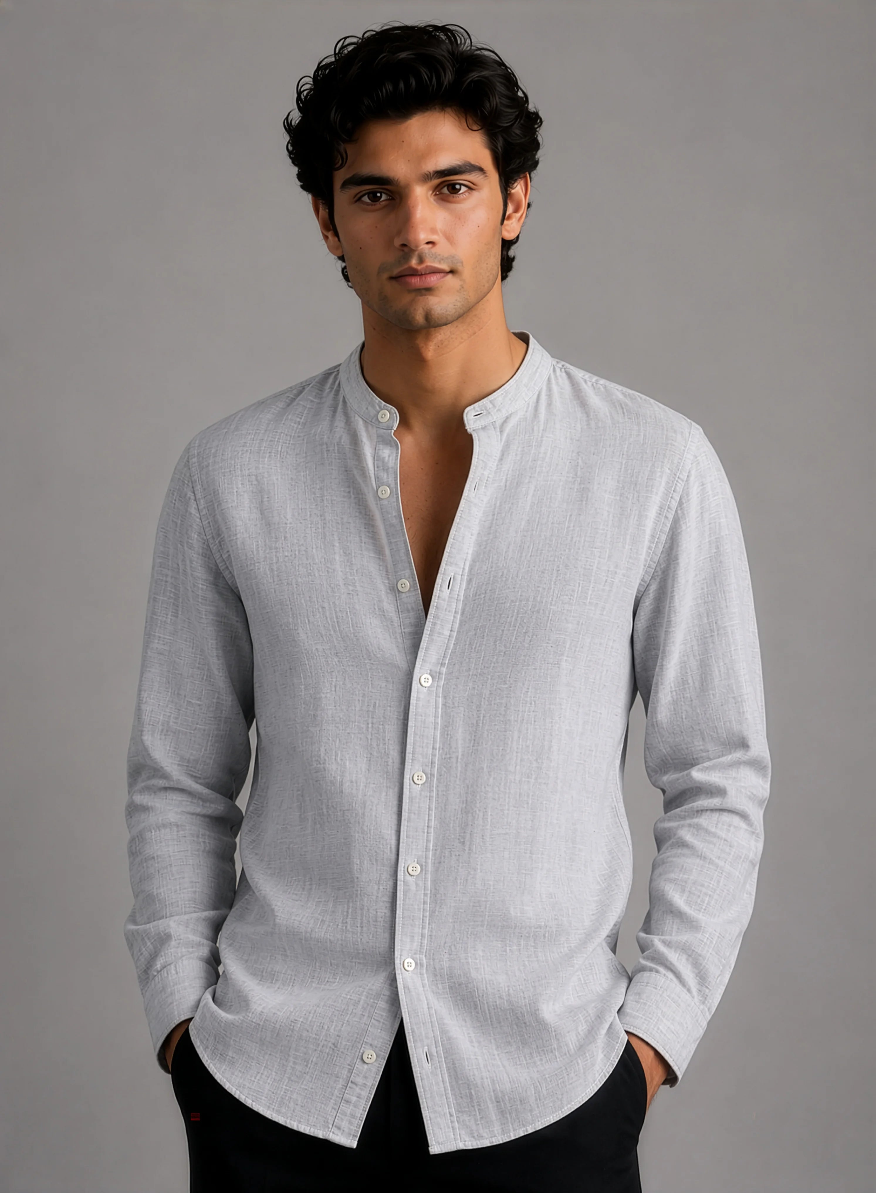 Mandarin Linen  - Textured Grey Regular Fit Shirt