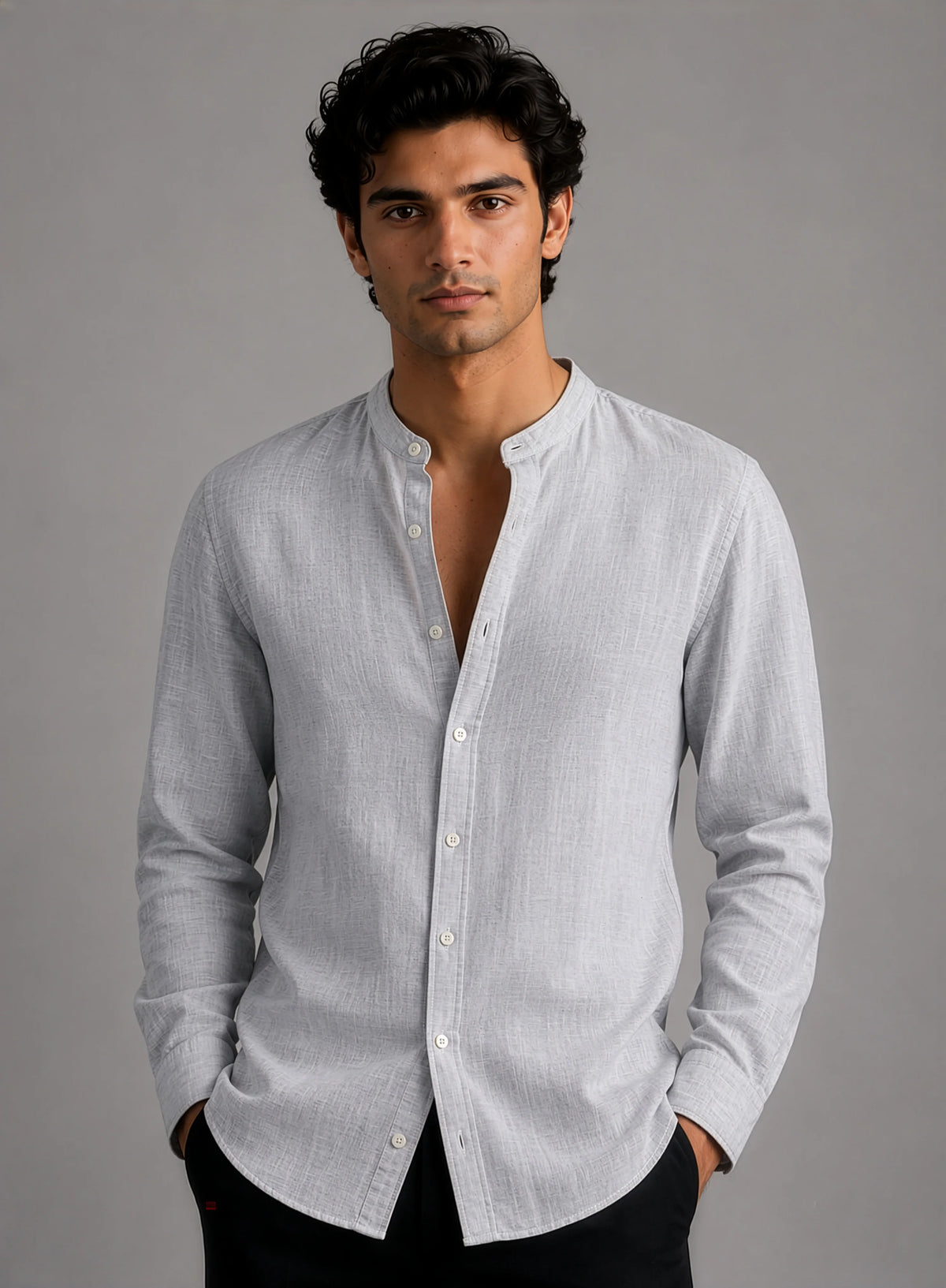 Mandarin Linen  - Textured Grey Regular Fit Shirt
