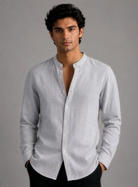 Mandarin Linen  - Textured Grey Regular Fit Shirt