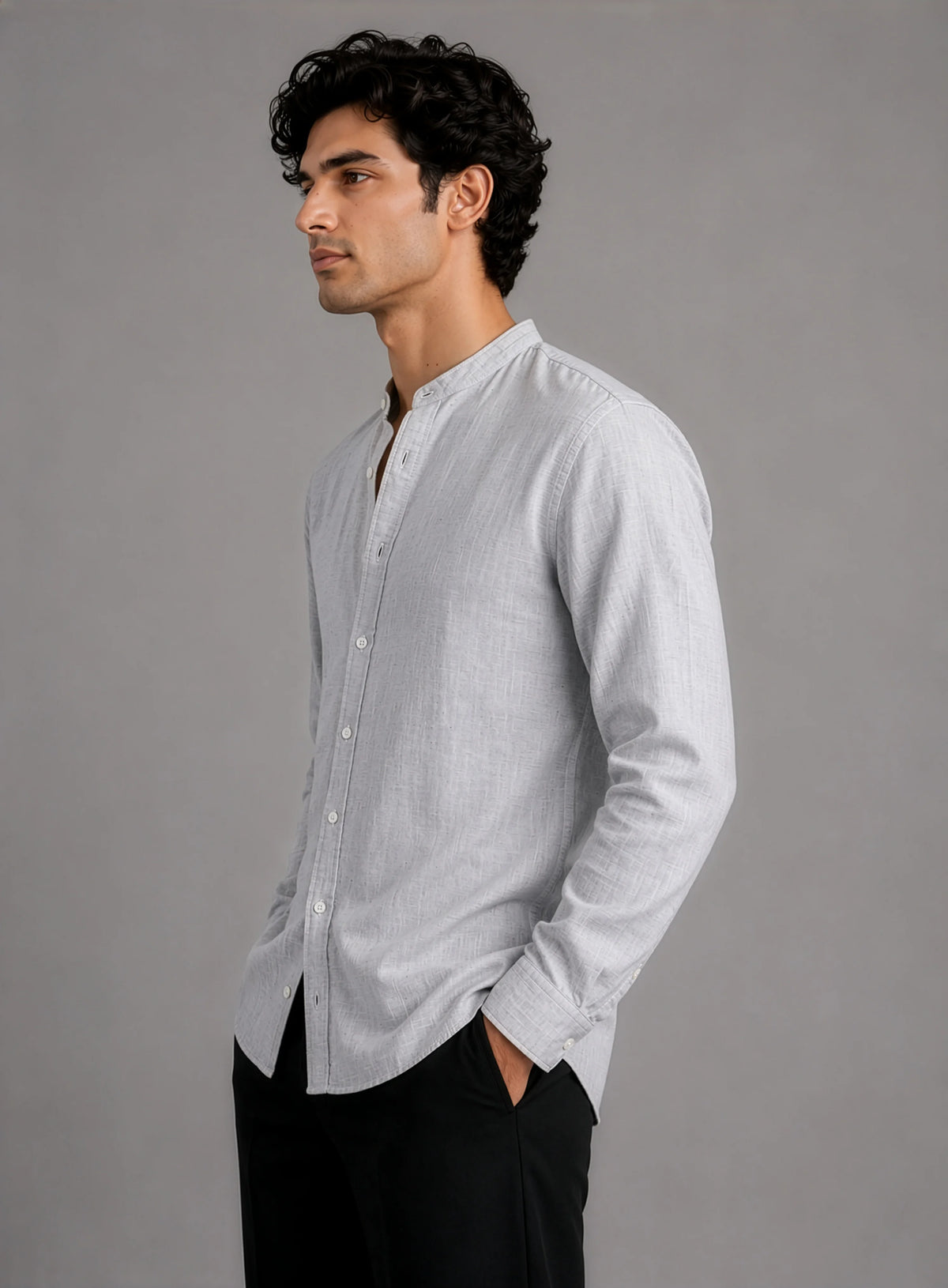 Mandarin Linen  - Textured Grey Regular Fit Shirt