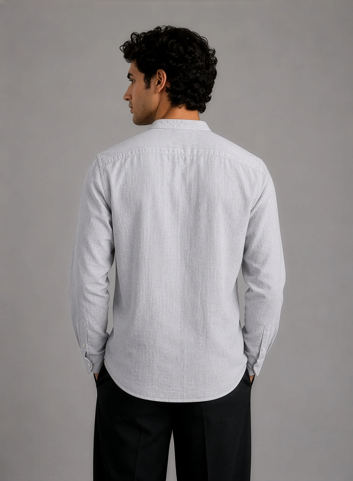 Mandarin Linen  - Textured Grey Regular Fit Shirt
