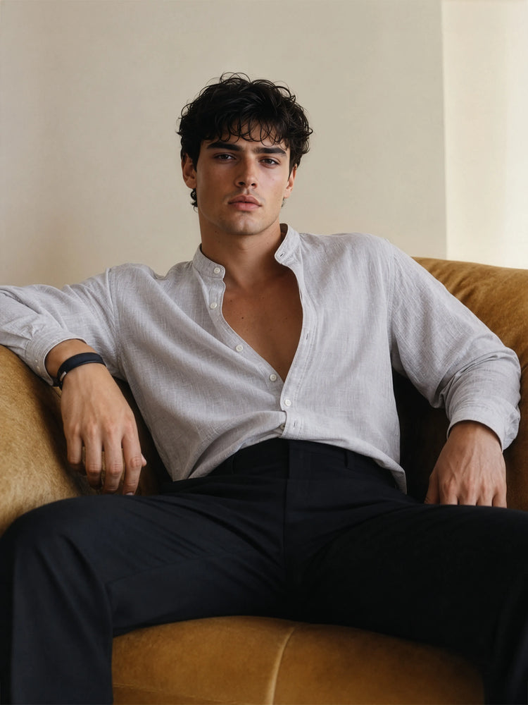 Mandarin Cotton - Textured Grey Regular Fit Shirt