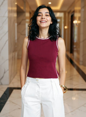 Elevated Tank Top with Piping - Wine