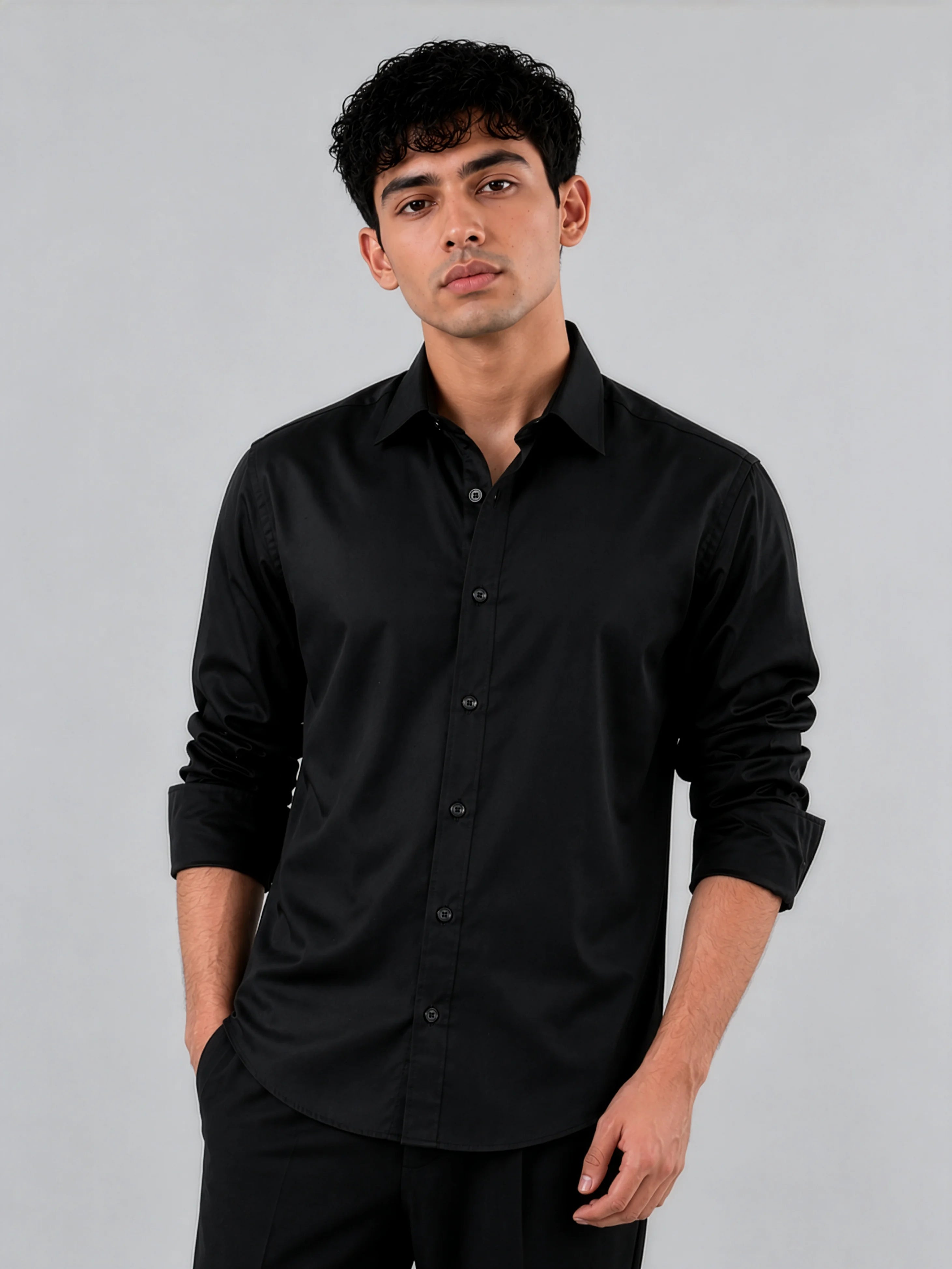Black Satin - Regular Fit Cotton Shirt