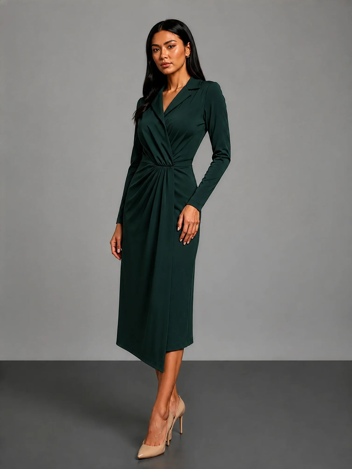 dark green long-sleeve wrap midi dress