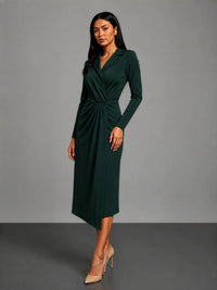 dark green long-sleeve wrap midi dress