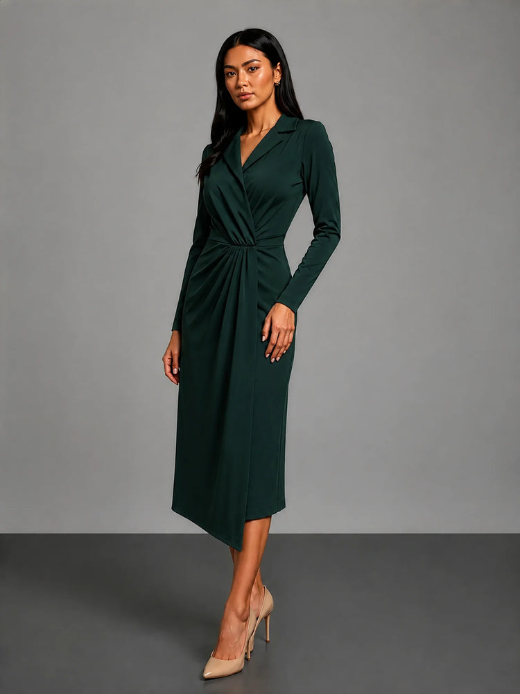 dark green long-sleeve wrap midi dress