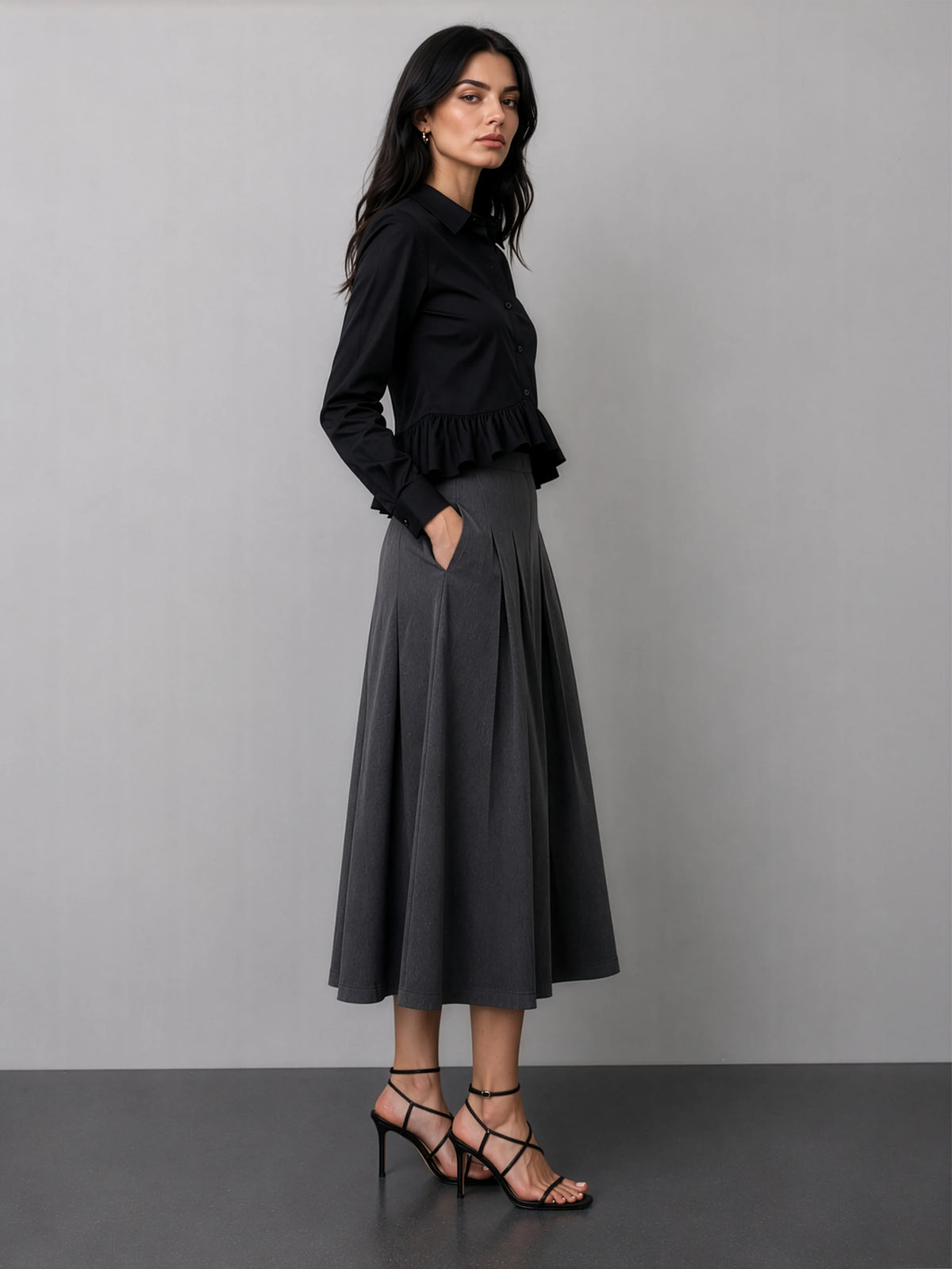 Ruffle Cotton Shirt - Black