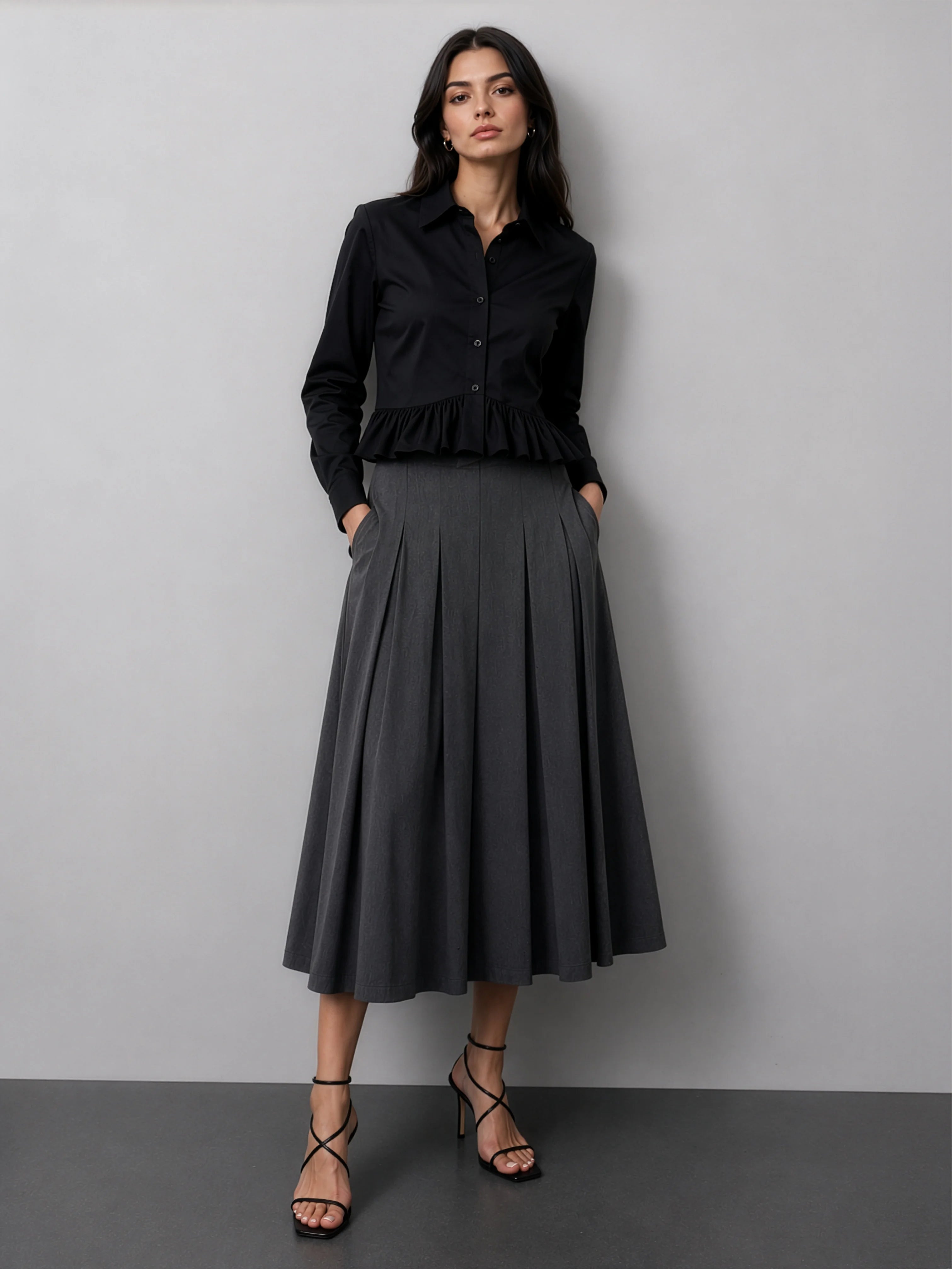 Ruffle Cotton Shirt - Black