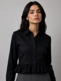 Ruffle Cotton Shirt - Black
